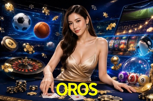Una escena digital vívida inspirada en casino con OROS mostrado prominentemente, luces brillantes, fichas, cartas y acentos dorados.