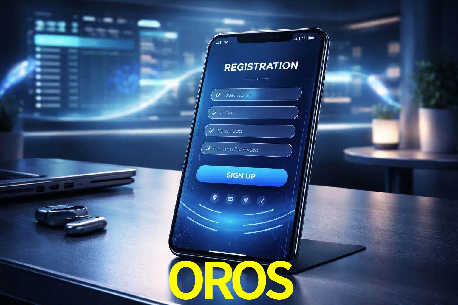 Una interfaz moderna de registro móvil para OROS mostrada en un smartphone con un panel de apuestas elegante.